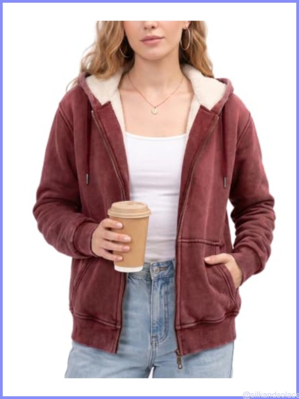 Women's Acid Wash Sherpa Fleece Zip Up Hoodie Jacket Loose Fit Warm